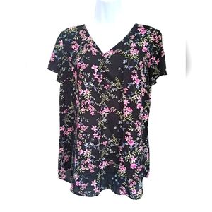 Fortune + Ivy Floral Black Blouse V-Neck Button Accent Flutter Sleeve Sz Medium